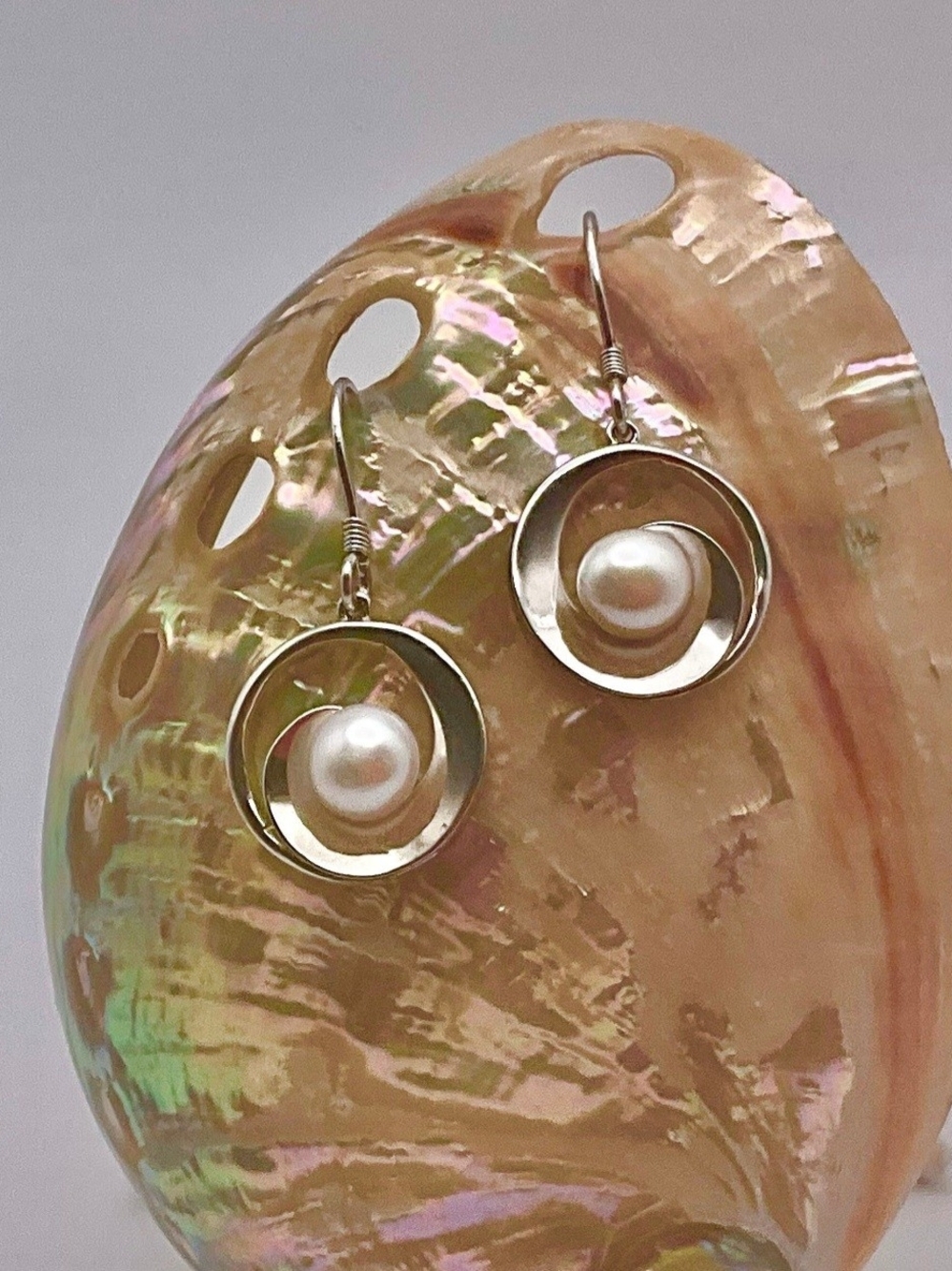 .925 Silver Bezel Set Round White Pearl Dangle/Drop Hook Earrings, From MAUI.